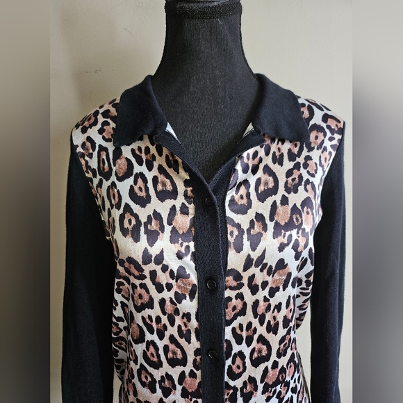 Designer Pink Tartan Womens Black Cheetah Satin Cardigan Button Up Blouse Top - Picture 7 of 7